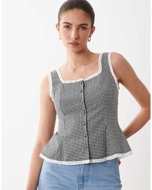 Nobody's Child Deia Cotton Contrast Trim Button Through Peplum Top - Grey