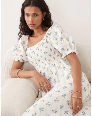 New Look Floral Shirred Frill Trim Midi Dress - White