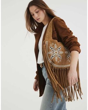 River Island Suede Fringed Broderie Shoulder Bag - Brown