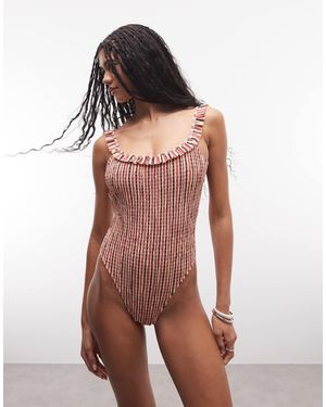 Daisy Street Costume Da Bagno A Quadri Con Volant E Scollo Rotondo Sul Retro - Rosso