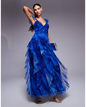 LACE & BEADS Tulle Ruffle Maxi Dress - Blue