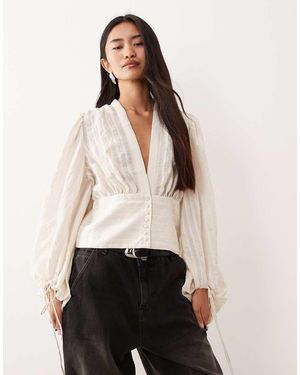 Aware Blusa Color Crema De Estilo Bohemio Con Mangas Globo Y Botones De -Blanco - Neutro