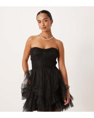 LACE & BEADS Corset Overlay Tulle Bow Mini Dress - Black