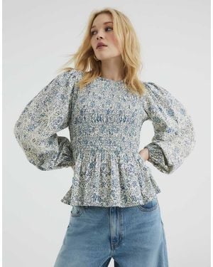 River Island Long Sleeve Shirred Top - Blue