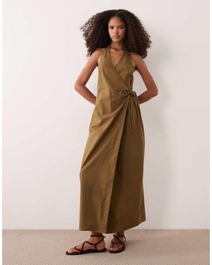 ASOS Cotton Linen Halter Neck Wrap Maxi Sundress - Brown