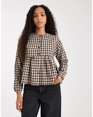 Threadbare Button Down Long Sleeve Blouse With Peplum Hem - Brown