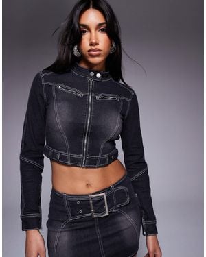 Liquor N Poker Contrast Stitch Biker Jacket With Buckle Detail - Blue