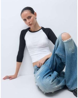 Collusion Top Aderente Raglan Con Maniche A 3/4 E Nero - Blu