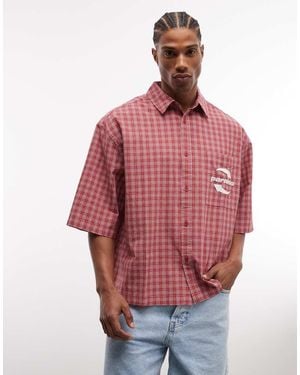 ASOS Oversized Check Shirt With Chest Embroidery - Red