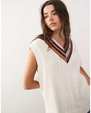 Monki V-neck Knitted Singlet With Contrast Varsity Stripe Neckline - Natural