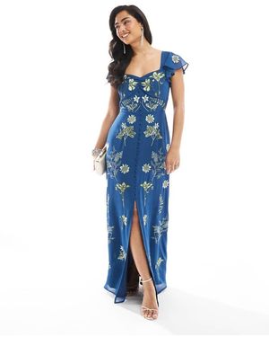 Maya Vestito Lungo Ricamato A Maniche Corte Con Apertura A Goccia Sul Retro - Blu