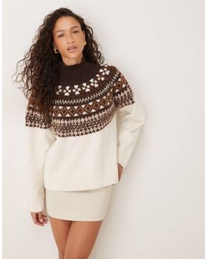 JJXX Roll Neck Knit Sweater With Fairisle Print - Natural