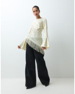 Reclaimed Vintage Asymmetric Satin Jacquard Blouse With Flare Sleeve - White