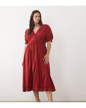 Nobody's Child Midi Jurk Met Knopen Aan De Voorkant, V-Hals En Pofmouwen - Rood