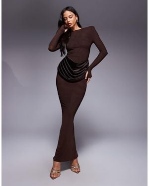 Wanderdoll Wander Doll Eman Long Sleeve Slash Neck Satin Drape Waist Detail Bodycon Maxi Dress - Brown