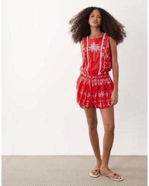 River Island Cutwork Ruffle Playsuit - Red