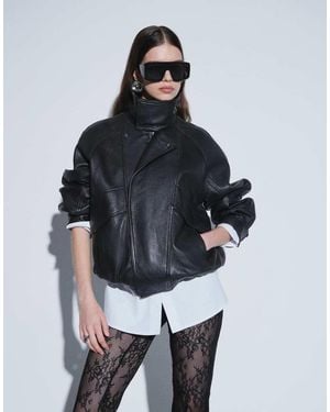 Mango 100% Leather Funnel Neck Jacket - Blue