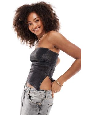 Bershka Ruched Side Glitter Bandeau Top - Black