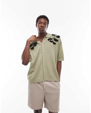 TOPMAN Embroidered Floral Knitted Shirt - Natural