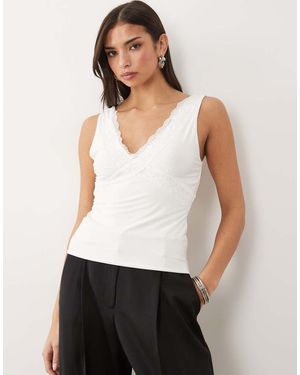 Fashionkilla Exclusive Double Sculpted Slinky Lace Trim V Neck Vest Top - White