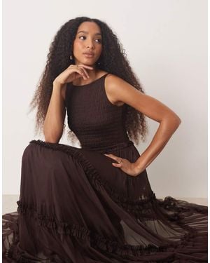 LACE & BEADS Shirred Maxi Dress - Brown