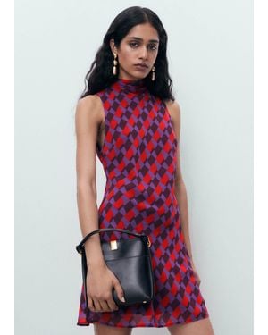 Mango Neck Detail Mini Shift Dress - Red