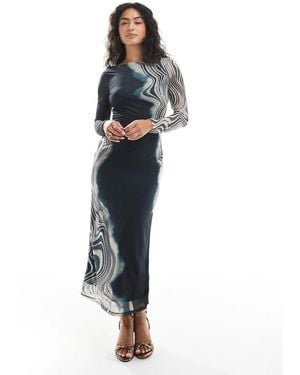 French Connection Slash Neck Mesh Midi Dress - Blue