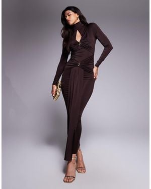 Ruched & Ready Ruched & Ready Sculpted High Neck Keyhole Detail Gold Hardware Drape Maxi Dress - Purple