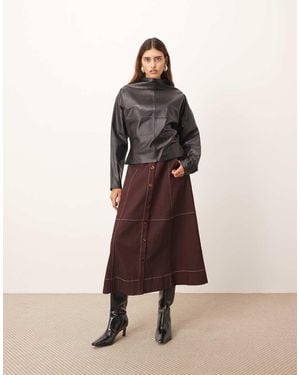 ARRANGE Heavy Twill Full Midi Skirt With Contrast Stitch - Red
