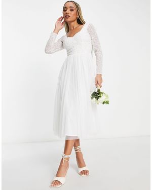 Beauut Bridal Emellished Bodice Midi Skater Dress With Tulle - White