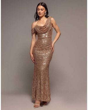 Goddiva Sequin Cowl One Shoulder Maxi Dress - Brown