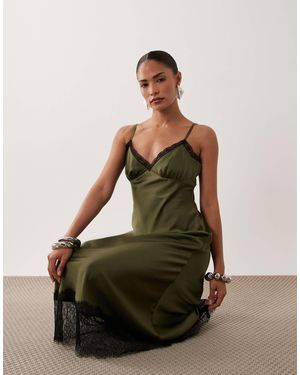 New Look Lace Trim Strappy Satin Midi Dress - Green