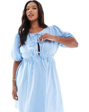 Esmee Curve Exclusive Tie Front Puff Sleeve Mini Beach Dress - Blue