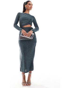 AX Paris Ruched Long Sleeve Cut Out Detail Bodycon Midi Dress - Blue