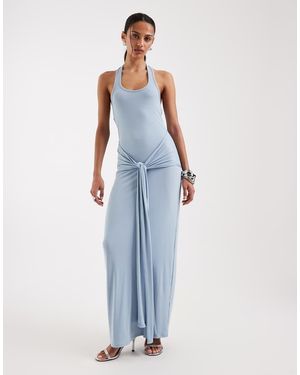 4th & Reckless Soft Jersey Scoop Neck Halterneck Drape Tie Front Maxi Dress - Blue
