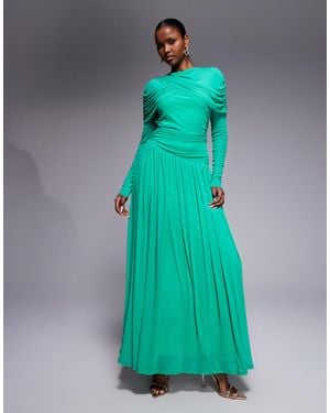 DASKA Mesh Drape Detail Dropped Waist Maxi Dress - Green