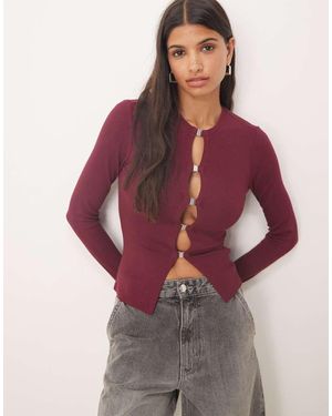 Gina Tricot Long Sleeve Rib Buckle Top - Purple