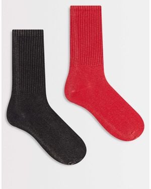 Weekday – 2er-pack gerippte crew-socken - Rot