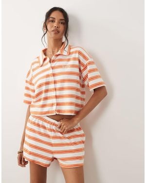 Kaiia Cotton Rich Towelling Collared Button Through Polo Top Co-ord - Pink