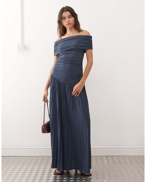 Lioness Field Of Dreams Foldover Bardot Ruched Drop Waist Pleated Maxi Dress - Blue