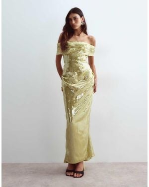 ARRANGE Sequin Draped Bardot Maxi Dress - Metallic
