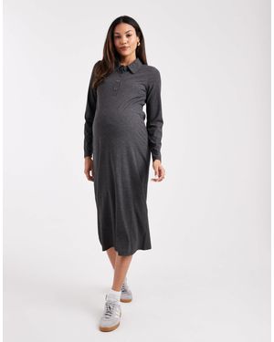 Mama.licious Mamalicious Maternity Jersey Rib Nursing Friendly Polo Detail Midi Dress - Blue
