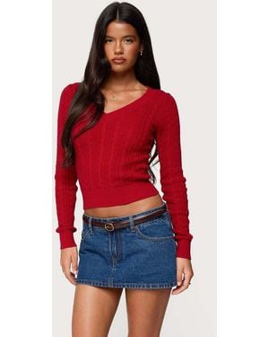 Edikted Ashlee V Neck Cable Knit Top - Red
