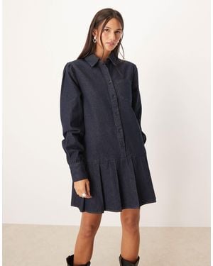 Glamorous Drop Waist Pleated Mini Denim Dress - Blue