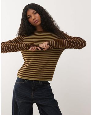 Collusion Slash Neck Mixed Stripe Sweater - Green