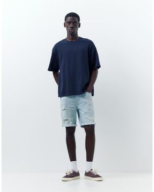 Pull&Bear Ripped Denim Bermuda Shorts - Blue