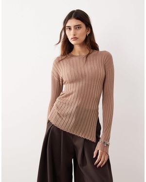 ARRANGE Fine Rib Long Sleeve Knit Top - Brown