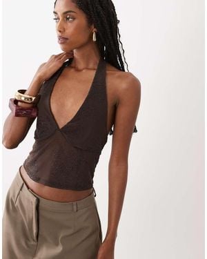 New Look Embellished Mesh Halter Neck Top - Brown