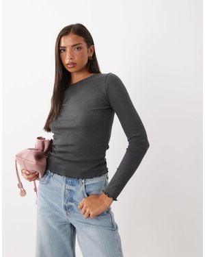 Brave Soul Long Sleeve Ribbed Top With Lettuce Hem - Gray
