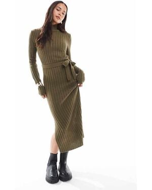 Brave Soul Gebreide Geribbelde Midi Jurk Met Strikceintuur - Groen